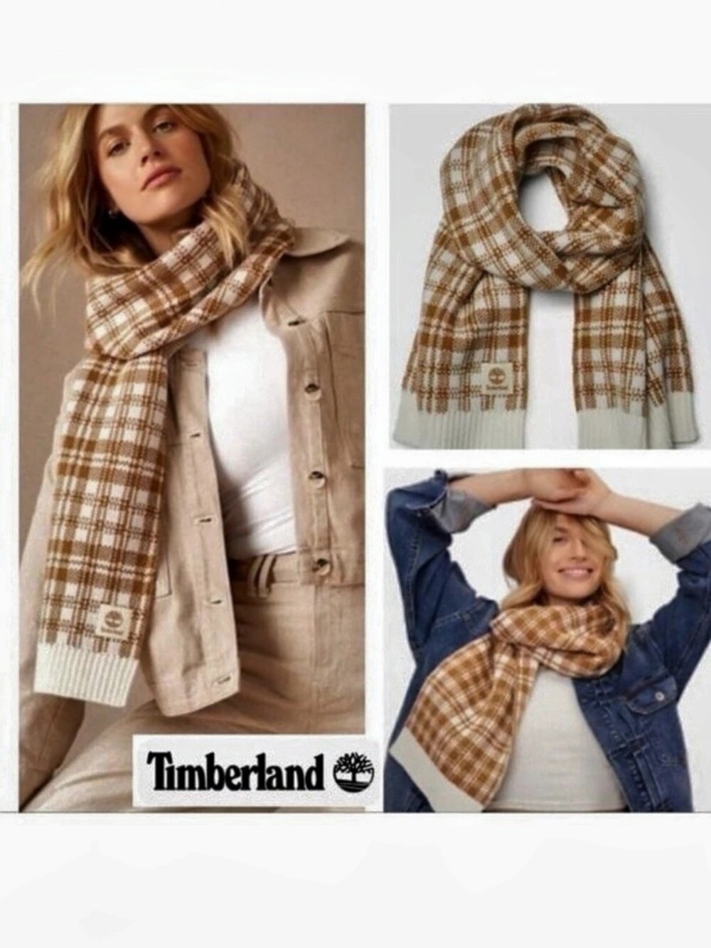 Timberland Plaid Knit Scarf in Brown & White NWT